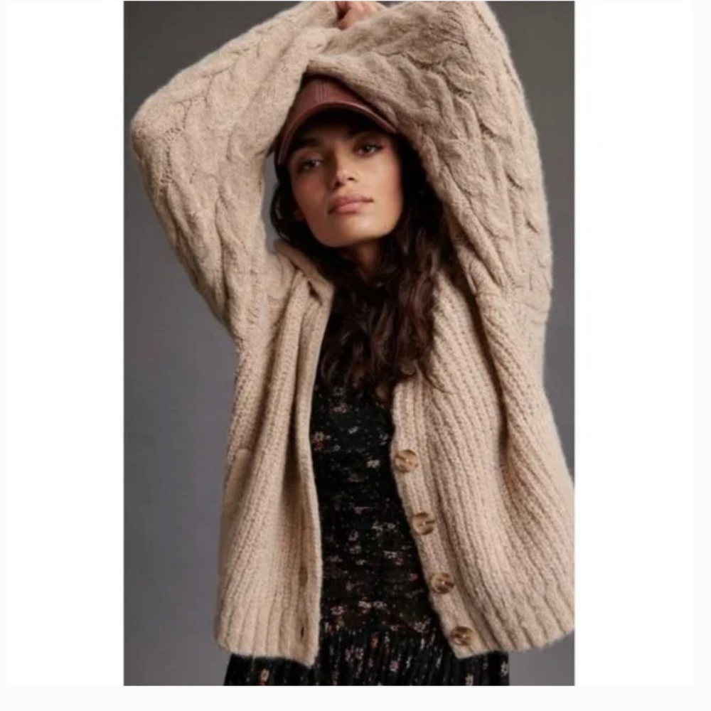 NWOT Anthropologie DH New York Cable Knit Cardigan Tan Color SIZE M - Picture 3 of 5